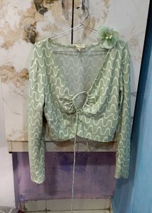 Sage Green Patterned Tie Front Top
