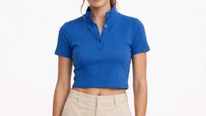 Blue Ribbed Cropped Polo Top