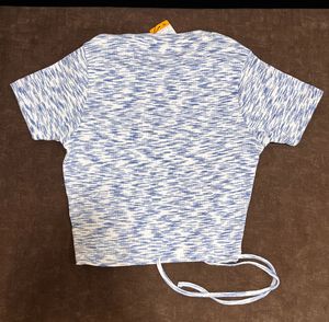 Blue &amp; White Marled Knit Crop Top