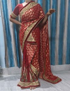 Red Embroidered Sadar Mekhela Saree