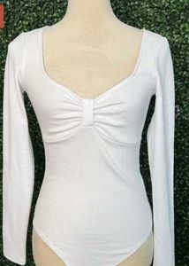 White Ribbed Long Sleeve Sweetheart Neck Top