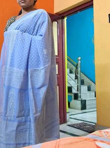 Elegant Blue Saree with White Polka Dots