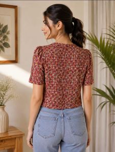 Floral Print Puff Sleeve Cropped Top