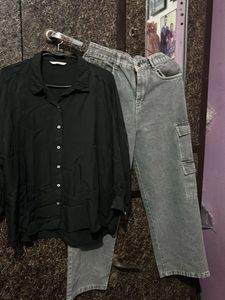 Stylish Black Shirt &amp; Grey Cargo Jeans Set