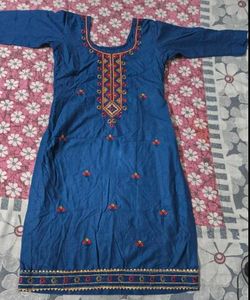 Embroidered Blue Cotton Kurta Set with Dupatta