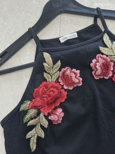 Black floral embroidered halter top