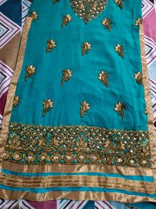 Teal &amp; Gold Embroidered Salwar Kameez