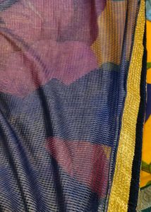 Elegant Royal blue net saree golden embroidery