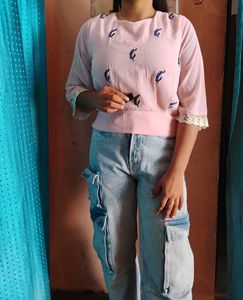 🥀✨Pink Embroidered Top with Lace Detail✨🥀