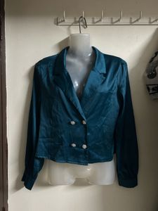 Teal Satin Double-Breasted Blazer Top