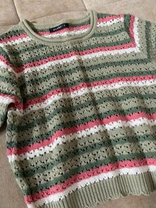 Crocheted Striped Short Sleeve Top