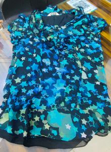 Blue Star Print Ruffle Chiffon Blouse