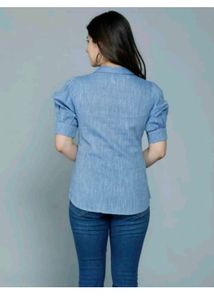 Blue Denim Style Button-Down Top | Casual Wear