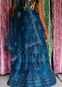 Blue Net Semi Stitched Lehenga