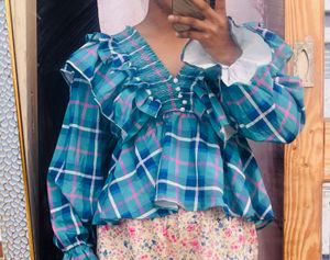 Trendy Plaid Ruffle V-Neck Top