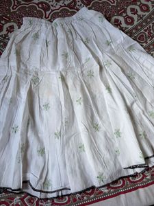 White Skirt with Green Floral Embroidery
