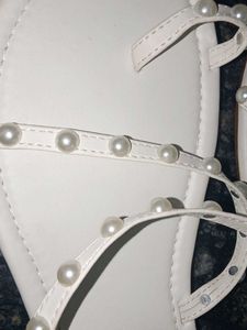 Elegant White Pearl Embellished Flat Sandals