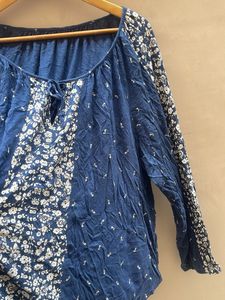 Blue Floral Print Tie-Neck Top