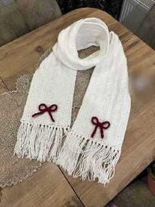 Chic White Knit Scarf with Red Bows
