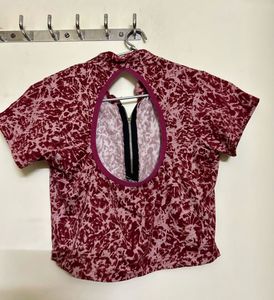 Maroon Abstract Print Zip-Up Top