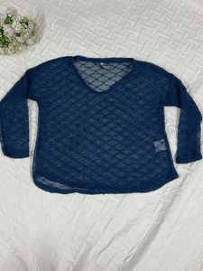Sequins Sheer Blue V-Neck Long Sleeve Top