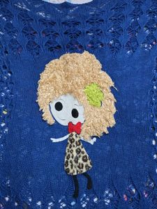 Chic Blue Crochet Knit Top with Doll Applique