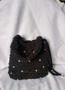 Handmade Black Crochet Pearl Bag🖤