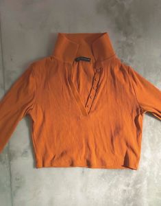 Zara Orange Ribbed High Neck Cropped Top