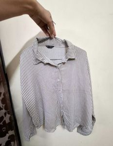 Beige &amp; White Striped Oversized Button-Down Shirt