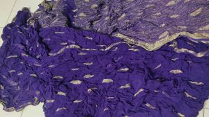 Purple &amp; Gold Detailing Saree Dupatta Scarf 5.5Mtr