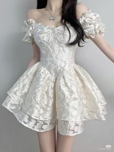 White Floral Jacquard Puff-Sleeve Mini pintresty D