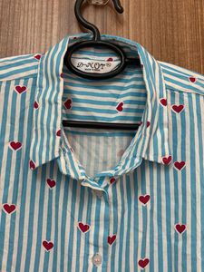 Blue Striped Red Heart Print Shirt