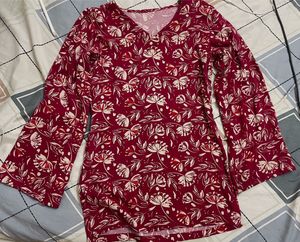 Red Floral Print bell shaped full sleeves  Kurta