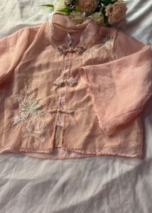 Elegant Pink Embroidered Mandarin Collar Blouse