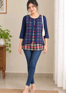 Blue Plaid Pattern Layered Fusion Top