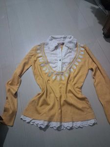 y2k thrifted new Yellow Lace Trimmed Long Sleeve T