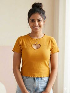 Cute Heart Cutout Mustard Yellow Top