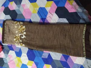 Brown Embroidered Cotton Saree