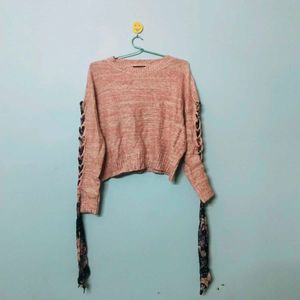 Cute Pink Lace-Up Sleeve Sweater