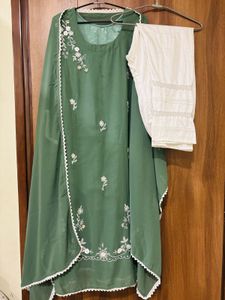 Green Kurta Set with White Pants & Dupatta