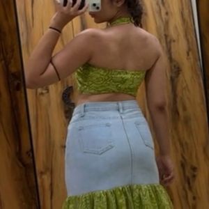 Stylish Green Paisley Halter Neck Crop Top