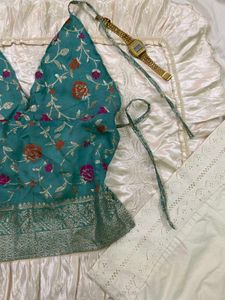 y2k Elegant Teal Floral Halter Top