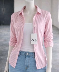 New Zara Pink Striped Button-Up Shirt