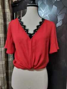 Red Lace Trimmed V-Neck Top