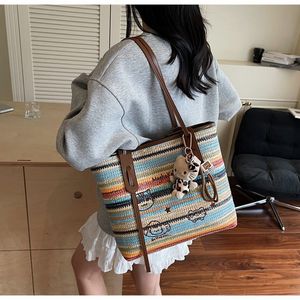 Boho Striped Straw Tote Bag