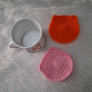 2 Cups and Handmade Crochet Cat Coasters Set