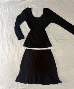 Black Long Sleeve Top & Ruffle Skirt Set