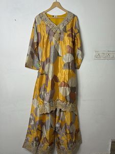 Yellow Floral Kurta Set with Embellished Neckline