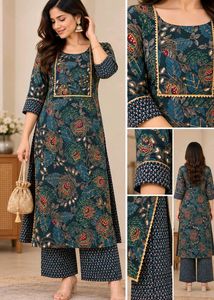Libas Teal Botanical Print Embellished Kurta Set