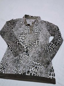 Chic Animal Print Long Sleeve Polo Top